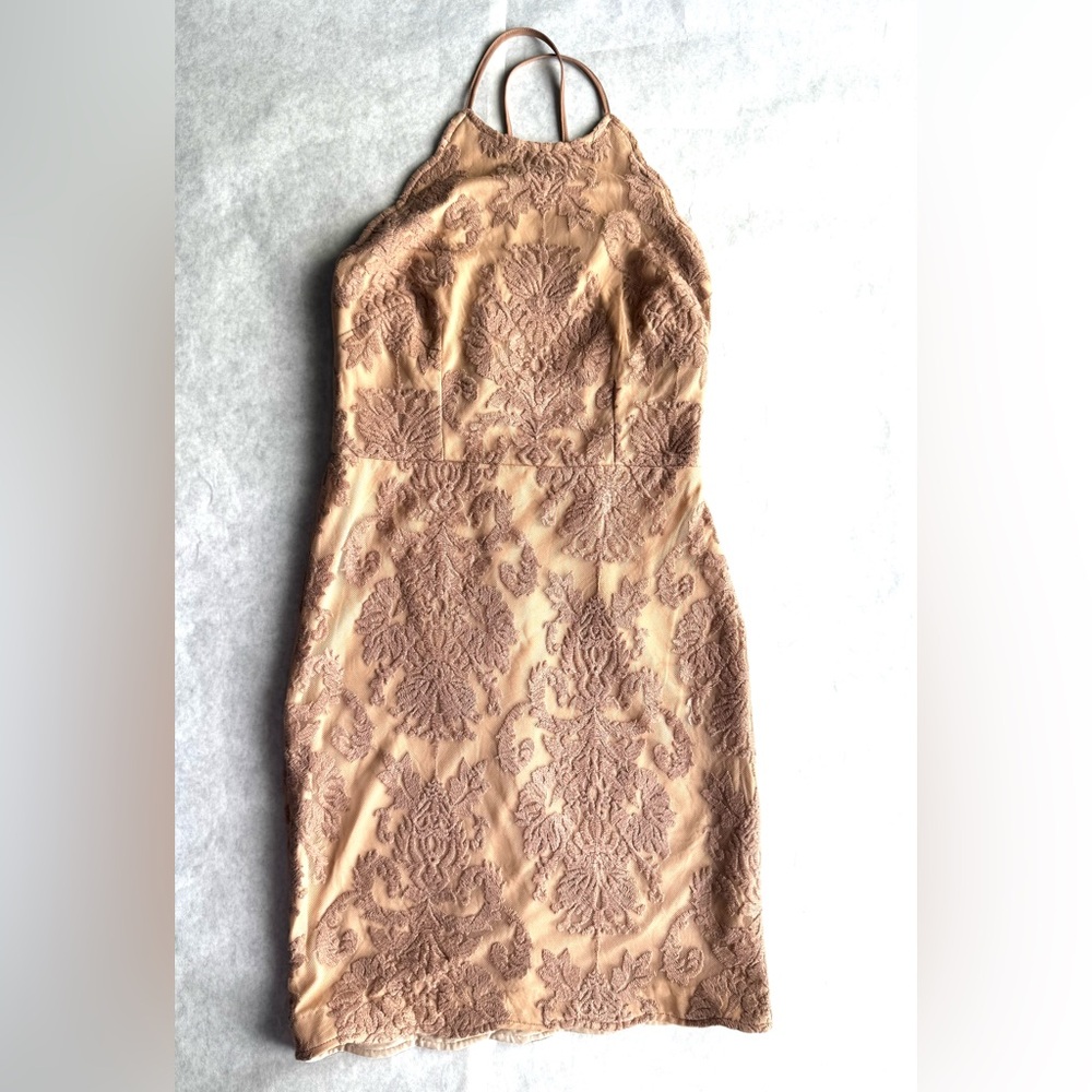 NWT Angel Biba mocha lace overlay open back strappy mini dress scalloped hem